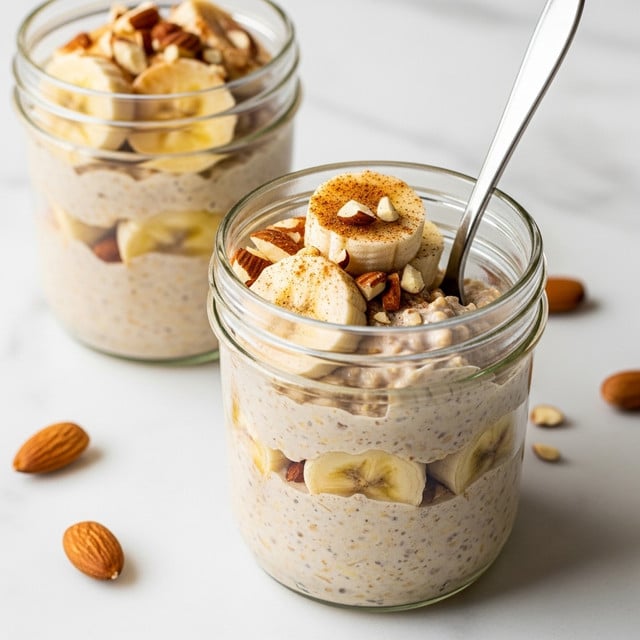 This image shows two clear glass jars of layered dessert on a white marbled surface. Each jar has a creamy beige base with a rough texture and is topped with sliced banana pieces that are soft yellow with some brown spots. On top of the bananas, there are small chopped almond pieces scattered for crunch, and a light dusting of cinnamon adds warmth and color. A metal spoon is inside the front jar, partially submerged in the dessert, showing the creamy inside. Whole almonds are scattered around the jars on the surface. photo taken with an iphone --ar 4:5 --v 7
