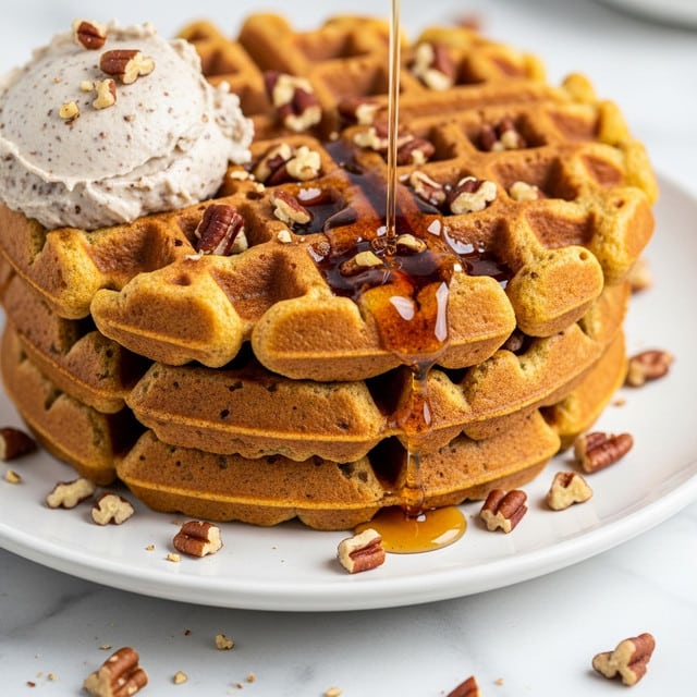 A stack of three golden brown waffles sits neatly on a white plate with syrup glistening on the top waffle along with a small pat of melting butter. On the side, a fork holds broken pieces of waffle showing a soft, fluffy inside with a slightly crisp texture on the outside. To the left of the waffles, there is a small dollop of cinnamon-spiced cream. Scattered around the plate are tiny bits of chopped nuts and near the plate on the white marbled surface are two cinnamon sticks. The whole scene has bright, natural light highlighting the textures and warm tones of the waffles. photo taken with an iphone --ar 4:5 --v 7