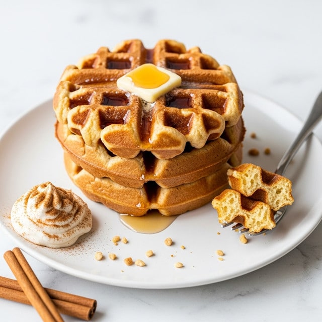 A close-up view of a stack of three thick, golden-brown waffles placed on a white plate. The waffles have a textured surface with small pieces of chopped nuts, mainly pecans, scattered on top and around the plate. On the top waffle, there is a drizzle of amber-colored syrup gently flowing down the sides, catching the light. To the left side, a dollop of creamy, speckled spread sits partially on the top waffle. The plate is set on a white marbled surface with some small nut pieces scattered around. photo taken with an iphone --ar 4:5 --v 7