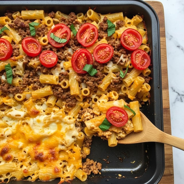 A close-up of a baking pan filled with pasta bake. The dish has three main visible layers: at the bottom is a creamy, golden-yellow baked cheese and sauce layer, above it is a layer of tube-shaped pasta mixed with browned ground meat, and on top are bright red halved cherry tomatoes scattered with fresh green herb leaves. A wooden spoon is scooping a portion from the right side of the black baking pan, which sits on a wooden surface with a white marbled texture background. Photo taken with an iphone --ar 4:5 --v 7
