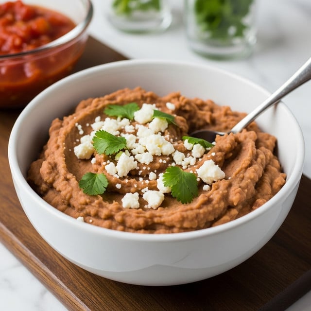 A close-up image of a white bowl filled with creamy mashed brown beans topped with crumbled white cheese and scattered green cilantro leaves. A silver spoon is partially dipped into the beans near the top right side of the bowl. The bowl rests on a dark wooden board placed on a white marbled surface. In the blurred background, a transparent white bowl with red salsa and a couple of small glass containers with herbs can be seen. photo taken with an iphone --ar 4:5 --v 7