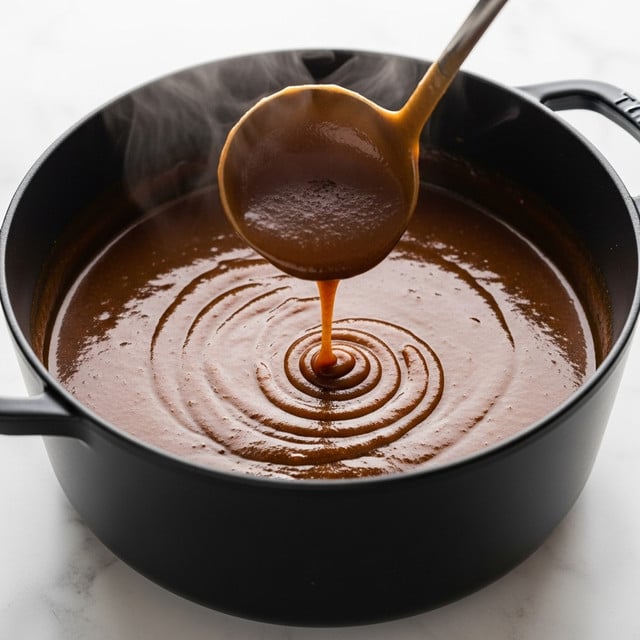 A black pot filled with thick, smooth dark brown sauce is shown. A ladle is lifting some of the sauce out of the pot, allowing it to slowly drip back in. The sauce has a shiny, glossy texture and looks hot with faint steam rising. The pot sits on a white marbled surface, adding a clean, bright contrast to the dark sauce and pot. Photo taken with an iphone --ar 4:5 --v 7