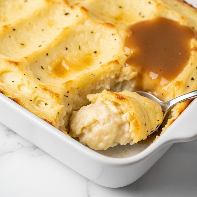 This image shows a close-up of a creamy mashed potato bake in a white rectangular dish. The top layer is lightly browned with golden spots and has a smooth, soft texture with some small ridges and peaks. There is a light drizzle of brown gravy over part of the surface, adding a glossy look. A spoon is scooping out a portion from the dish, showing the thick, soft mashed potatoes inside. The dish is set against a white marbled surface. photo taken with an iphone --ar 4:5 --v 7
