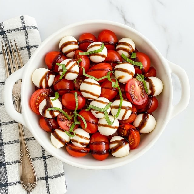 A white bowl with handles holds a fresh salad made of bright red cherry tomato halves mixed with small white mozzarella balls. The salad is topped with thin green basil strips and drizzled with a dark balsamic glaze, adding shiny texture and contrast. The bowl sits on a white marbled surface next to a folded checkered napkin and an old-fashioned silver fork. The colors are vibrant and natural, highlighting the fresh ingredients. photo taken with an iphone --ar 4:5 --v 7