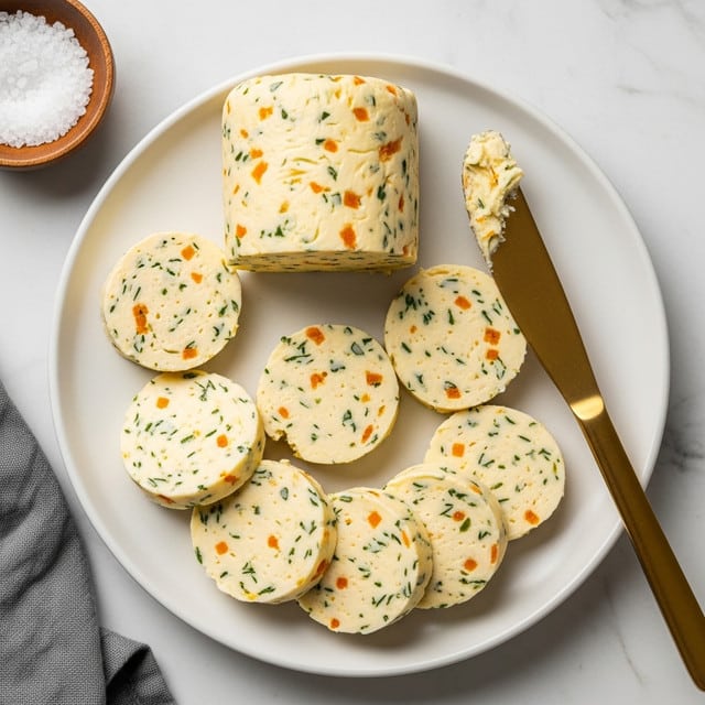 The image shows a round white plate holding several slices of compound butter, each slice textured with small green herb pieces and light orange notes, arranged loosely across the plate in varying oval shapes. A gold butter knife, smeared with some of the butter, lies diagonally from the top left to the plate’s center. To the right, a portion of a white plate with a grilled steak topped with a melting dollop of the same herb butter is visible. The setting features a white marbled surface and a dark gray textured cloth partially seen on the upper left side. photo taken with an iphone --ar 4:5 --v 7