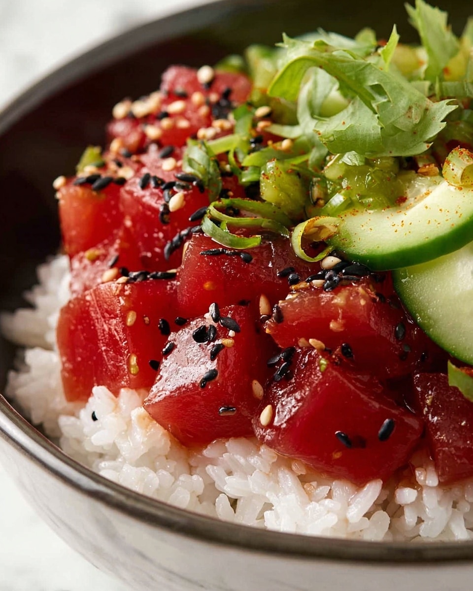 The dish shows three clear layers starting with a bottom layer of soft, white rice with visible grains, topped by a middle layer of shiny, deep red cubes of marinated raw tuna sprinkled with small black sesame seeds, and finished with a top layer of tiny bright green cucumber pieces and a few green leaf vegetables around the edges. The ingredients are placed in a bowl with a white marbled texture background. photo taken with an iphone --ar 4:5 --v 7