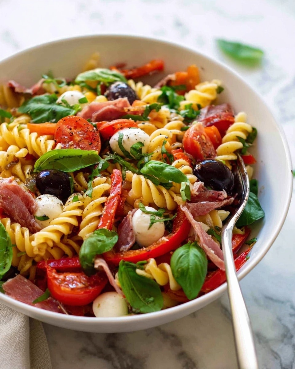 A white bowl filled with a colorful pasta salad showing multiple layers: the bottom layer has light yellow spiral pasta, mixed throughout are bright red cherry tomato halves and strips of red bell pepper. Scattered on top are dark purple olives and small white mozzarella balls, with fresh green basil leaves spread all over. Thin slices of brownish cured meat are mixed in, and some black pepper is sprinkled on the dish. A silver fork rests inside the bowl, set on a white marbled textured surface. Photo taken with an iphone --ar 4:5 --v 7