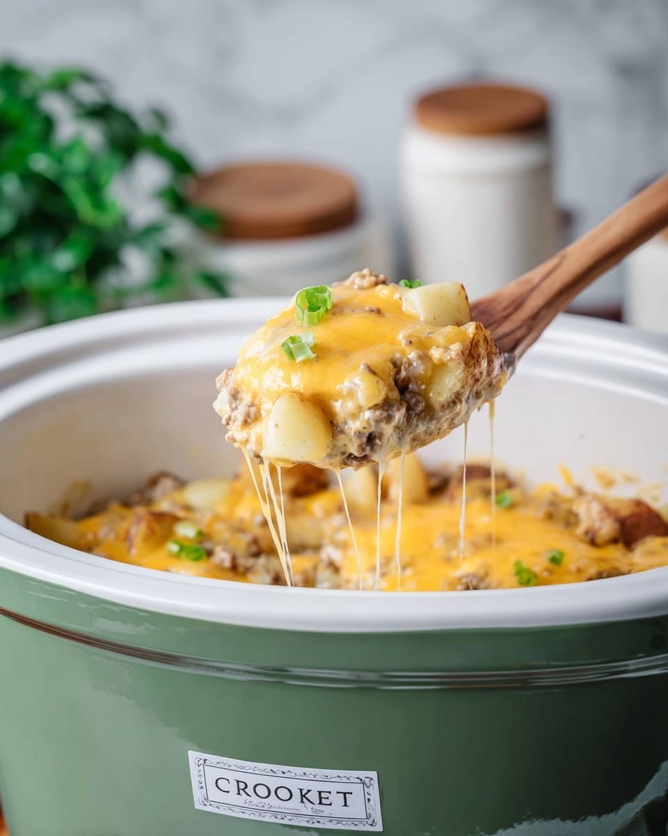 A close-up of a green crockpot with a white inner pot filled with a cheesy casserole. A wooden spoon lifts a portion above the pot showing layers in the scoop: diced potatoes in creamy sauce with browned ground meat, melted golden-yellow cheese with strings stretching from the pot to the spoon, and small green onion bits scattered on top. The background includes blurred white jars and green plants on a white marbled surface. photo taken with an iphone --ar 4:5 --v 7