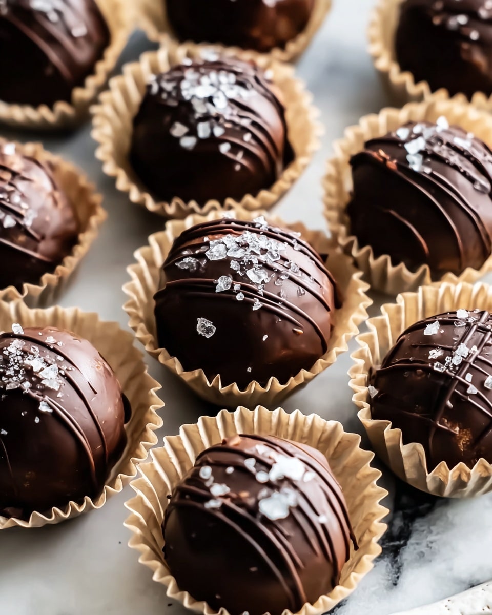 The image shows a close-up of round chocolate truffles placed in small beige paper cups, arranged closely together on a white marbled surface. Each truffle is coated with smooth dark chocolate, some decorated with thin chocolate drizzle lines crossing over the top, while others are dusted with a few white salt flakes that add texture. The chocolate coating shines under the light, giving the truffles a fresh and glossy look. The paper cups have a slight crinkle, contrasting with the smooth texture of the chocolate. photo taken with an iphone --ar 4:5 --v 7