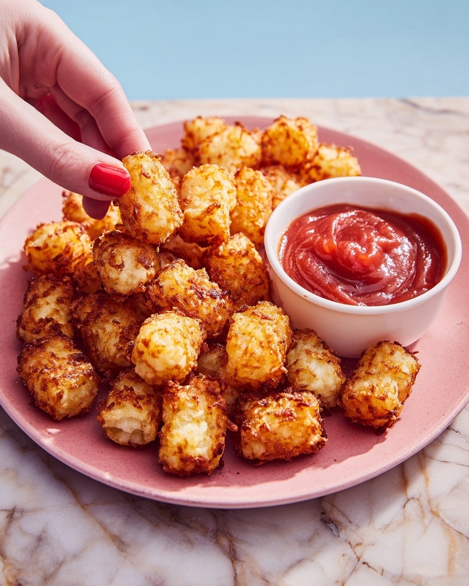 A white plate filled with many small, golden-brown crispy tater tots that have a rough, crunchy surface with bits of potato showing through. The tater tots are arranged tightly together, some sprinkled with coarse salt. On the right side of the plate, there is a small white bowl filled with thick, deep red ketchup. A woman's hand with red-painted nails is dipping one tater tot halfway into the ketchup. The background is a white marbled texture. photo taken with an iphone --ar 4:5 --v 7