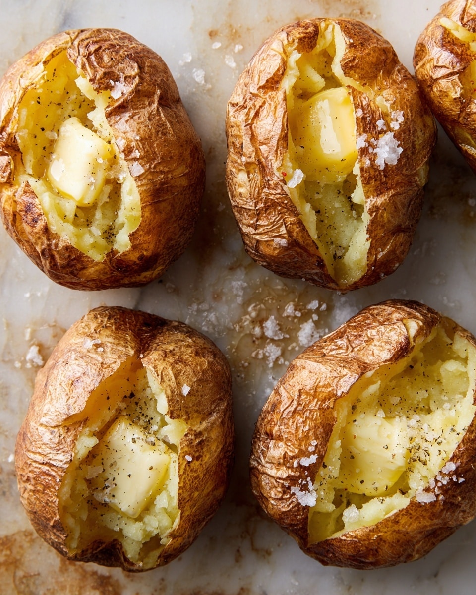 The image shows two baked potatoes with a crispy brown skin and soft, white inside. Each potato is cut open, revealing a fluffy mashed potato filling topped with small, bright green chopped chives and a small pool of melted yellow butter in the center. The potatoes are placed on a clean white marbled surface with some scattered chive pieces around them, and the texture of the skin is rough and slightly shiny. photo taken with an iphone --ar 4:5 --v 7