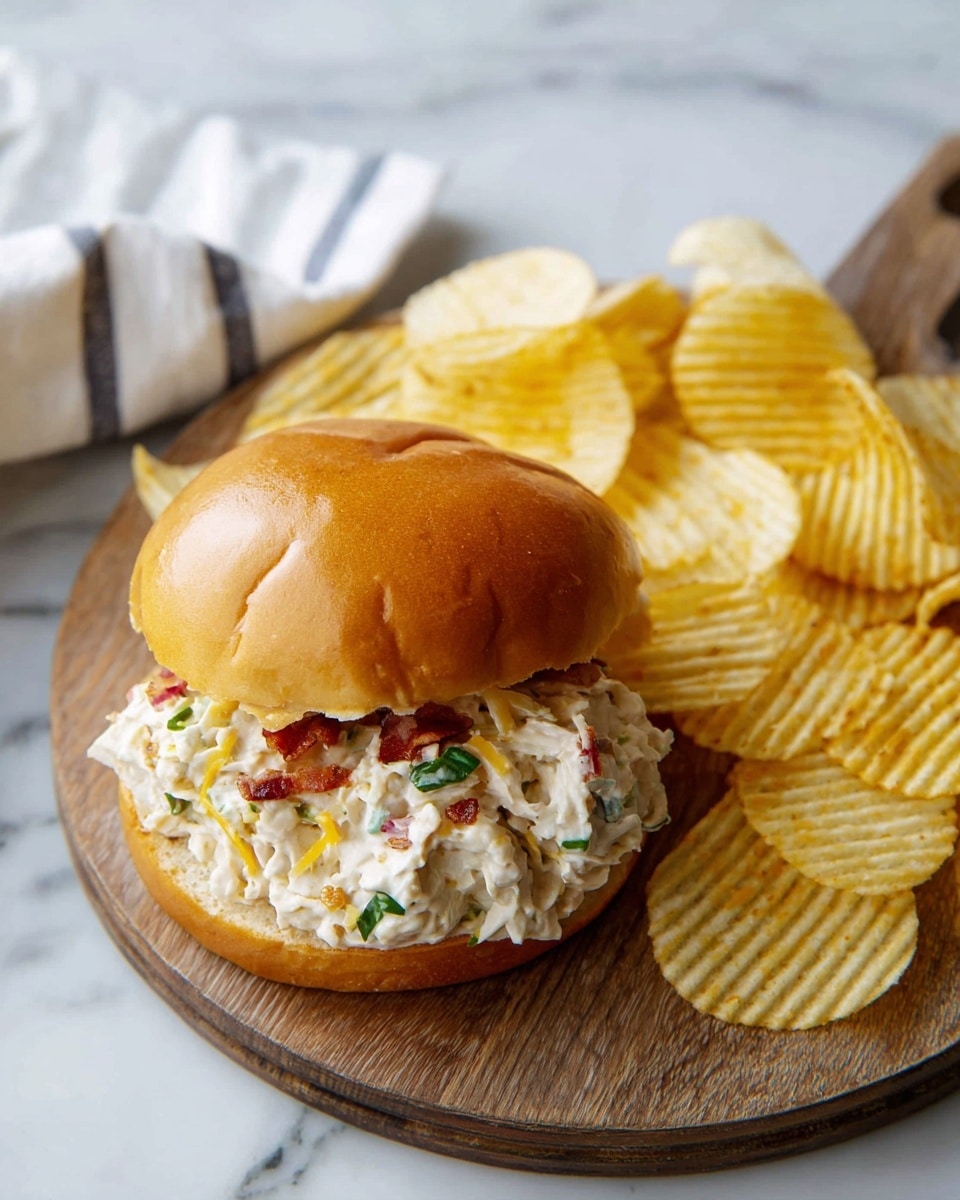 The image shows a wooden round board with a sandwich and potato chips on top. The sandwich has a soft, shiny, brown bun as the top layer, while the bottom layer reveals a creamy chicken salad mix with visible pieces of chicken, small bits of crispy bacon, some shredded yellow cheese, and green chives, all layered closely together. Next to the sandwich on the board, there is a pile of thick, wavy ridged potato chips that are light golden in color. The whole setup is placed on a white marbled surface with a white cloth having blue stripes partially visible in the background. Photo taken with an iphone --ar 4:5 --v 7