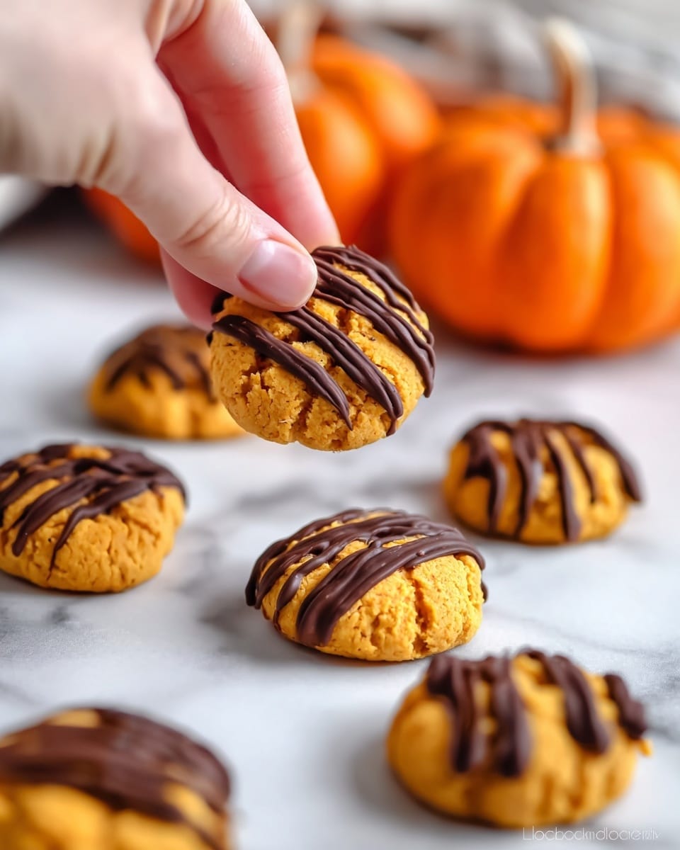 A woman's hand is holding a small round orange cookie with a textured surface, drizzled with dark brown chocolate on top in thin, uneven lines. More of these cookies are scattered on a white marbled surface below, each similarly decorated with chocolate drizzle. In the background, there are two small orange pumpkins, one slightly out of focus, adding a fall theme to the scene. The overall look is cozy and autumnal. photo taken with an iphone --ar 4:5 --v 7
