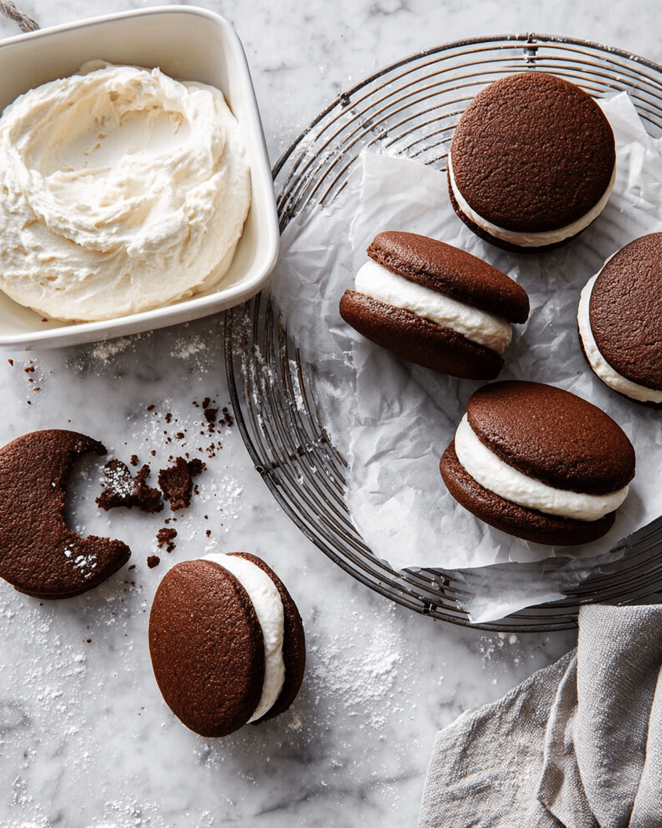 The image shows a group of chocolate sandwich cookies with creamy white filling layered in the middle. There are five of these cookies arranged leaning inside a white rectangular dish lined with parchment paper, showing the shiny, smooth texture of the dark brown cookie layers and the thick, fluffy white cream inside. Beside the dish, four more cookies sit on a round cooling rack on a white marbled surface, with one cookie open-faced revealing a thick, even layer of white cream spread on the bottom chocolate layer. A grey bowl filled with extra white cream is placed near the cookies, and a woman's hand is visible lightly holding a cookie on the cooling rack. The colors contrast well with the dark chocolate of the cookies and the bright white cream and background. Photo taken with an iphone --ar 4:5 --v 7