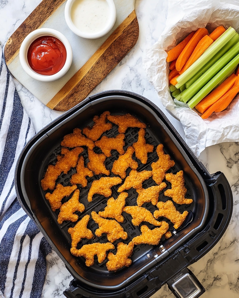 The image shows a black air fryer basket filled with small, golden-brown, crispy fried chicken pieces shaped like dinosaurs, spread evenly in one layer. To the top, two small white bowls sit on a wooden board with white marbled texture underneath – one bowl contains bright red ketchup, the other holds a creamy white dipping sauce. Below to the right, a white bowl lined with white paper holds more dinosaur-shaped chicken pieces along with fresh green celery sticks and orange carrot sticks arranged side by side. A striped blue and white cloth lies to the left of the air fryer basket. Photo taken with an iphone --ar 4:5 --v 7