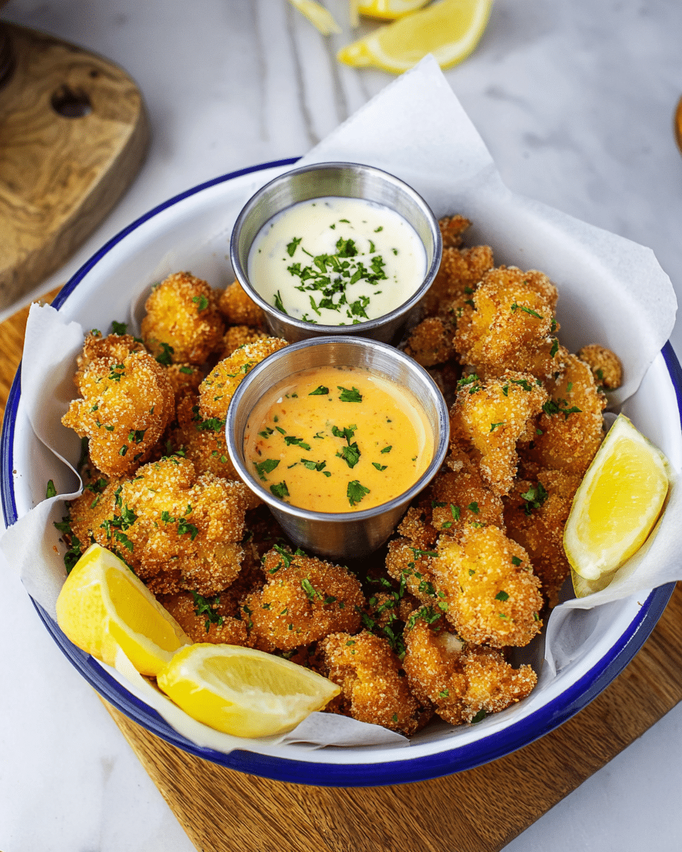 A white bowl with a blue rim holds a layer of white parchment paper, topped with a pile of golden-brown, crumb-coated fried cauliflower pieces sprinkled lightly with green parsley leaves. Nestled in the center are two small metal cups of dipping sauces; one is creamy white with green herb bits, and the other is a smooth orange-yellow color, also garnished with small green herbs. There are three thick lemon wedges placed around the bowl’s edge, adding bright yellow accents. The bowl sits on a wooden board, with part of a white marbled textured surface visible underneath. photo taken with an iphone --ar 4:5 --v 7