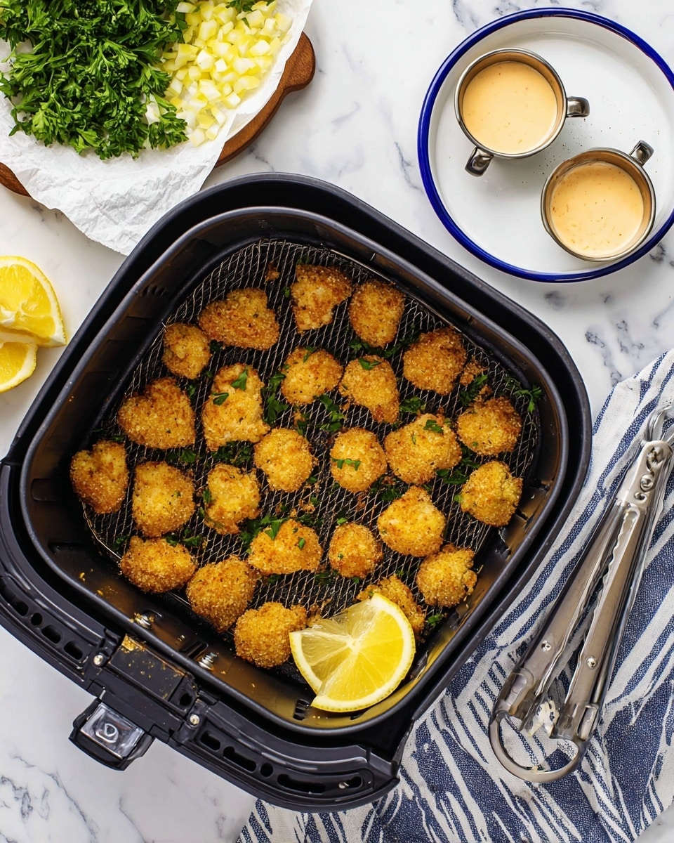 The image shows a black air fryer basket filled with small, golden brown breaded cauliflower pieces scattered evenly across the basket’s base, with some green parsley bits sprinkled over them. In the corner of the basket, there are two bright yellow lemon wedges. To the top left, a white plate holds fresh green parsley and chopped yellow lemon pieces. To the right, there is a white bowl with a blue rim containing two small metal cups filled with creamy orange and white sauces, placed on white parchment paper. The setting is on a white marbled surface with a striped blue and white cloth underneath part of the air fryer and a pair of silver tongs lying nearby. photo taken with an iphone --ar 4:5 --v 7