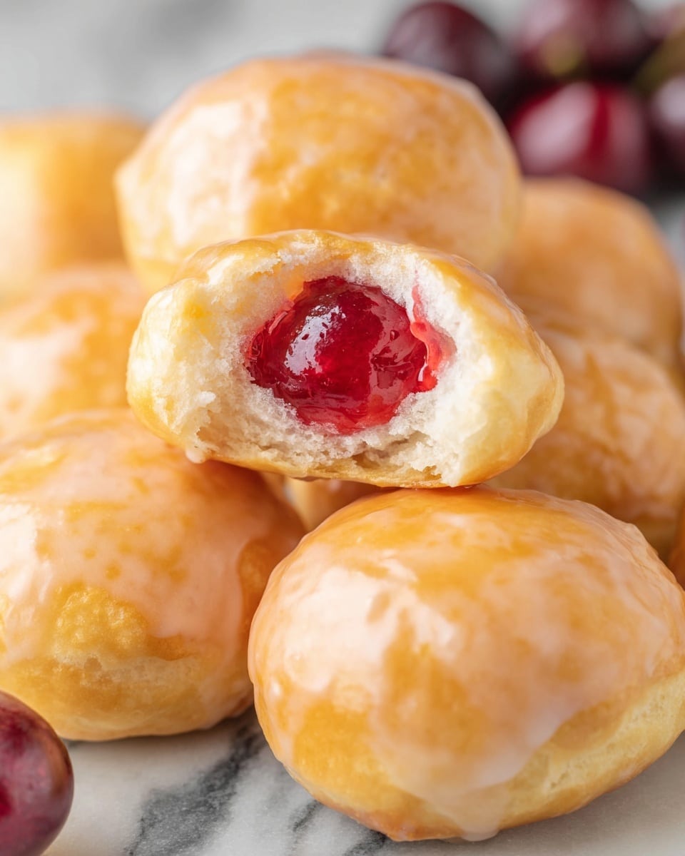 A close-up of round pastries with a shiny light golden crust and a smooth glaze on top, arranged in a pile. One pastry in the center is bitten, showing a thick, bright red jelly filling inside, which looks smooth and glossy. The crust looks flaky with a few small pieces flaking off near the bite. In the background, some dark red cherries add a hint of deep color contrast. All this is set on a white marbled texture. photo taken with an iphone --ar 4:5 --v 7