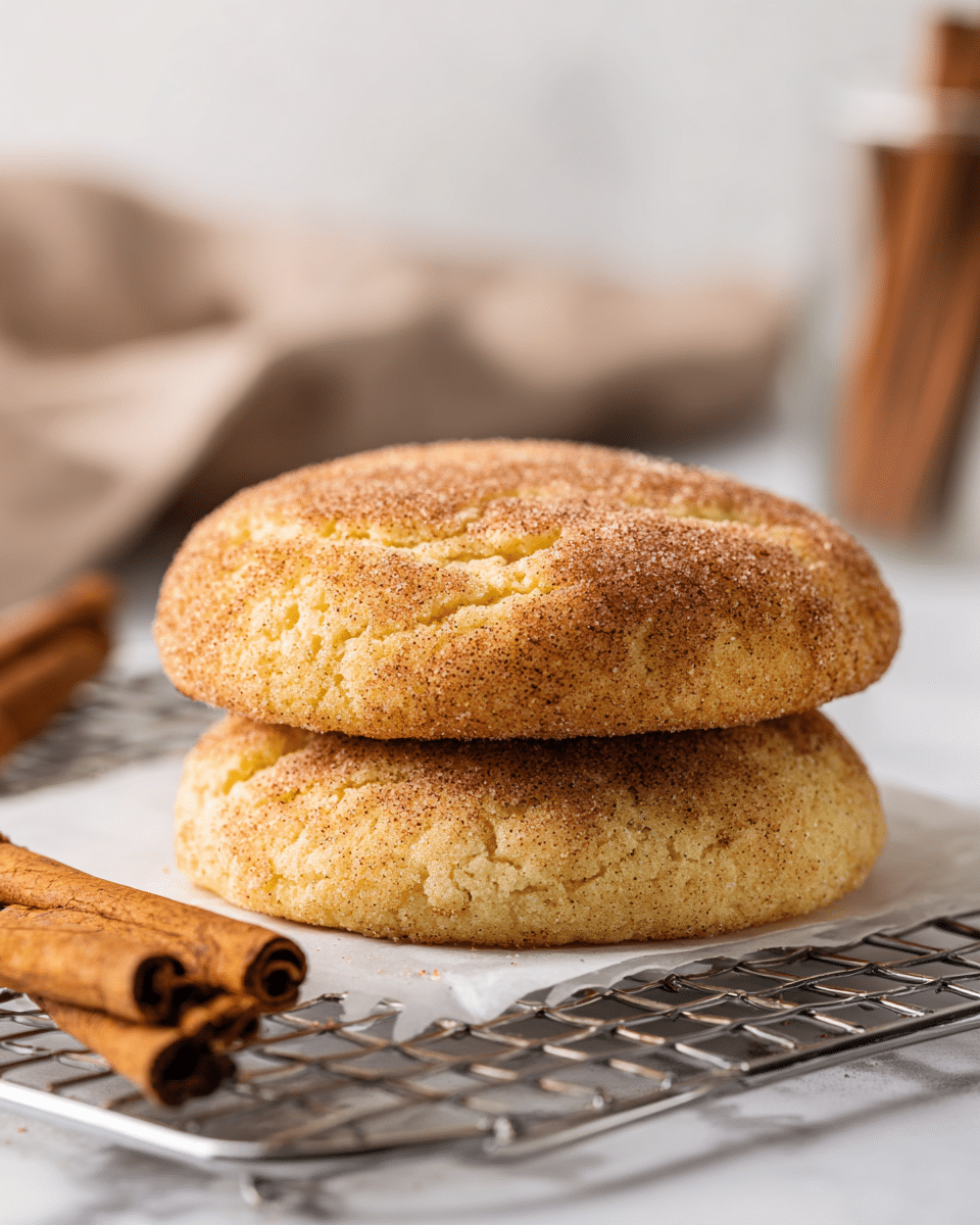 Two thick, round cinnamon sugar cookies are stacked on a silver cooling rack lined with white parchment paper. Each cookie has a cracked light golden-brown surface coated with a fine layer of cinnamon sugar, giving a slightly rough texture. The bottom cookie looks soft and slightly crumbly. Nearby, several cinnamon sticks lie on the white marbled surface, adding warm brown hues to the scene. The background is softly blurred with neutral tones, highlighting the cookies. photo taken with an iphone --ar 4:5 --v 7