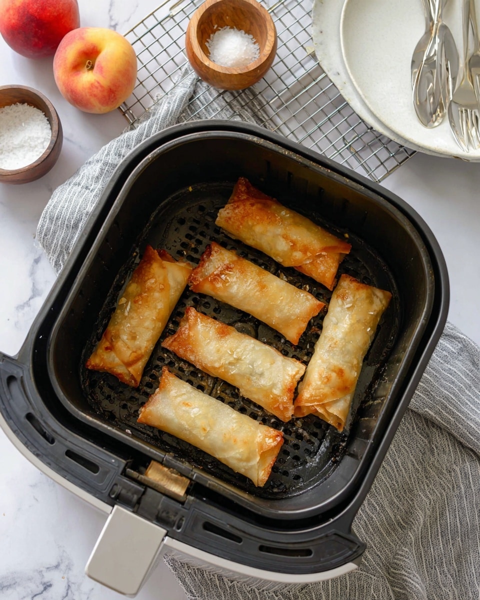 Inside a black air fryer basket with a perforated bottom, there are six golden brown spring rolls arranged in two rows, showing a slightly crispy and bubbled texture on their thin wrappers. The air fryer is placed on a white marbled surface with a gray striped cloth beneath it. In the background, two whole peaches rest on a cooling rack next to a small white dish filled with white powder and a metal spoon. Nearby, a wooden bowl with coarse salt and a white plate holding two silver forks add to the scene. Photo taken with an iphone --ar 4:5 --v 7
