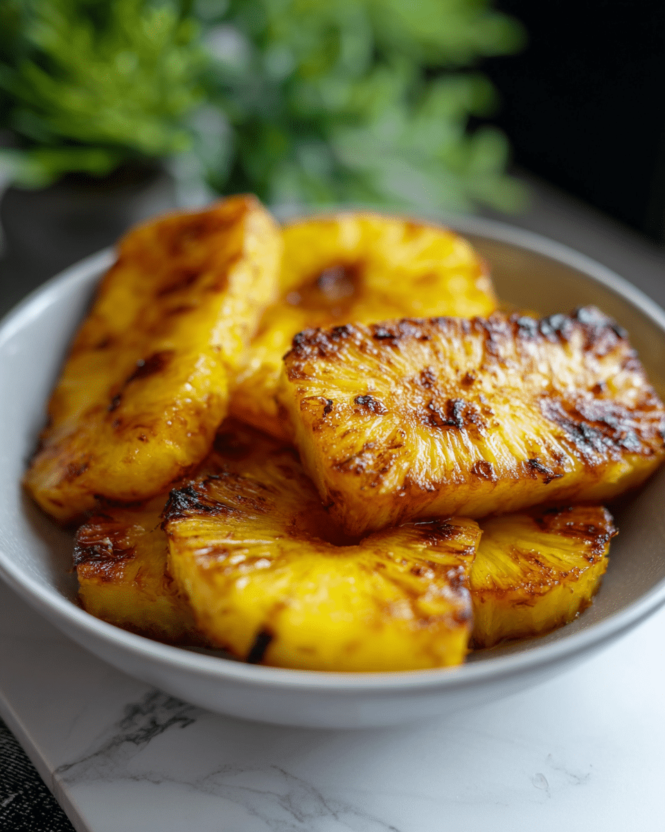 A close-up of a white bowl filled with six thick slices of roasted pineapple, each piece showing a caramelized golden-yellow color with darker browned and slightly charred spots, giving a textured and juicy look. The pineapple pieces are arranged stacked partly overlapping in the bowl, highlighting the caramelized surface. The bowl is placed on a white marbled surface with some greenery blurred in the background. Photo taken with an iphone --ar 4:5 --v 7