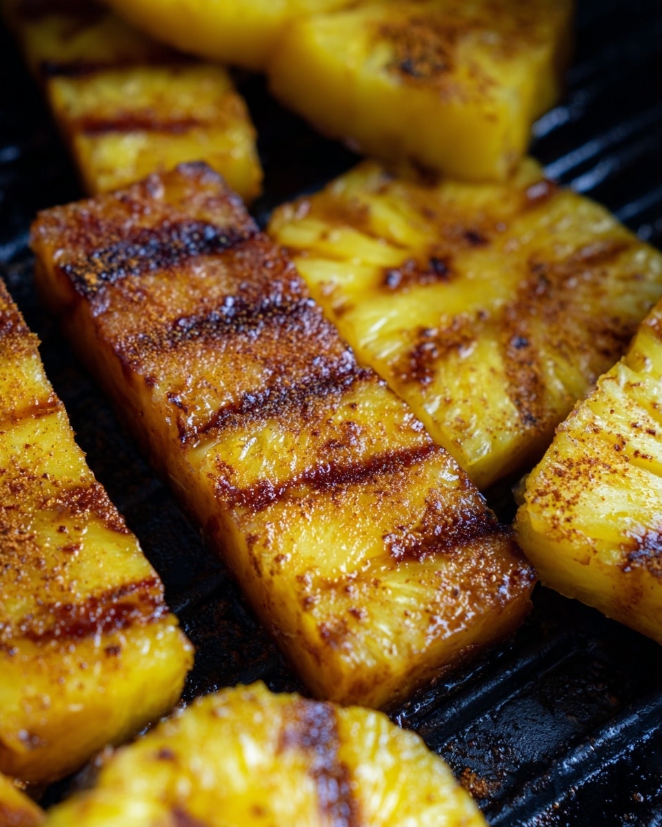 The image shows several pieces of grilled pineapple placed close together on a dark grill surface, with a close-up focus on a large, rectangular slice in the center. The pineapple pieces have a golden yellow color with brown grill marks and a slightly shiny, glazed texture. Some slices have a light sprinkling of brown spices on top, adding texture and color contrast. The edges of the pineapple are slightly caramelized, showing a mix of soft and crispy textures. photo taken with an iphone --ar 4:5 --v 7