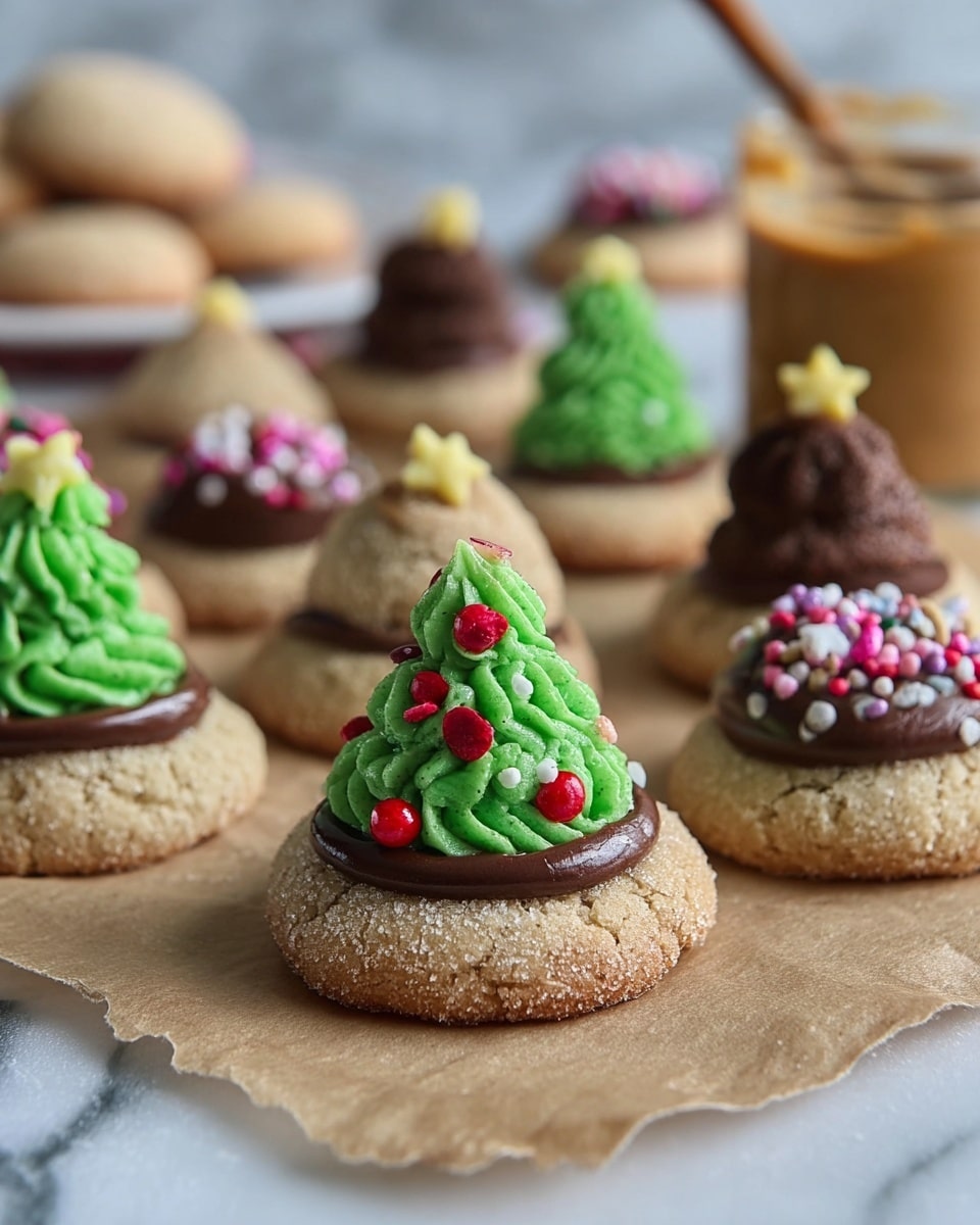 The image shows round cookies arranged on light brown parchment paper over a white marbled texture. Each cookie base is light brown and sugar-coated with a rough texture. Some cookies have a smooth, dark brown chocolate kiss on top, while others have a three-layer decoration: the cookie base, a bright green piped swirl shaped like a Christmas tree with a soft, smooth texture, and colorful small round sprinkles in red, white, pink, and purple, topped with a tiny yellow star-shaped sprinkle. The background includes a blurred jar of peanut butter with a spoon inside and other similar cookies. Photo taken with an iphone --ar 4:5 --v 7