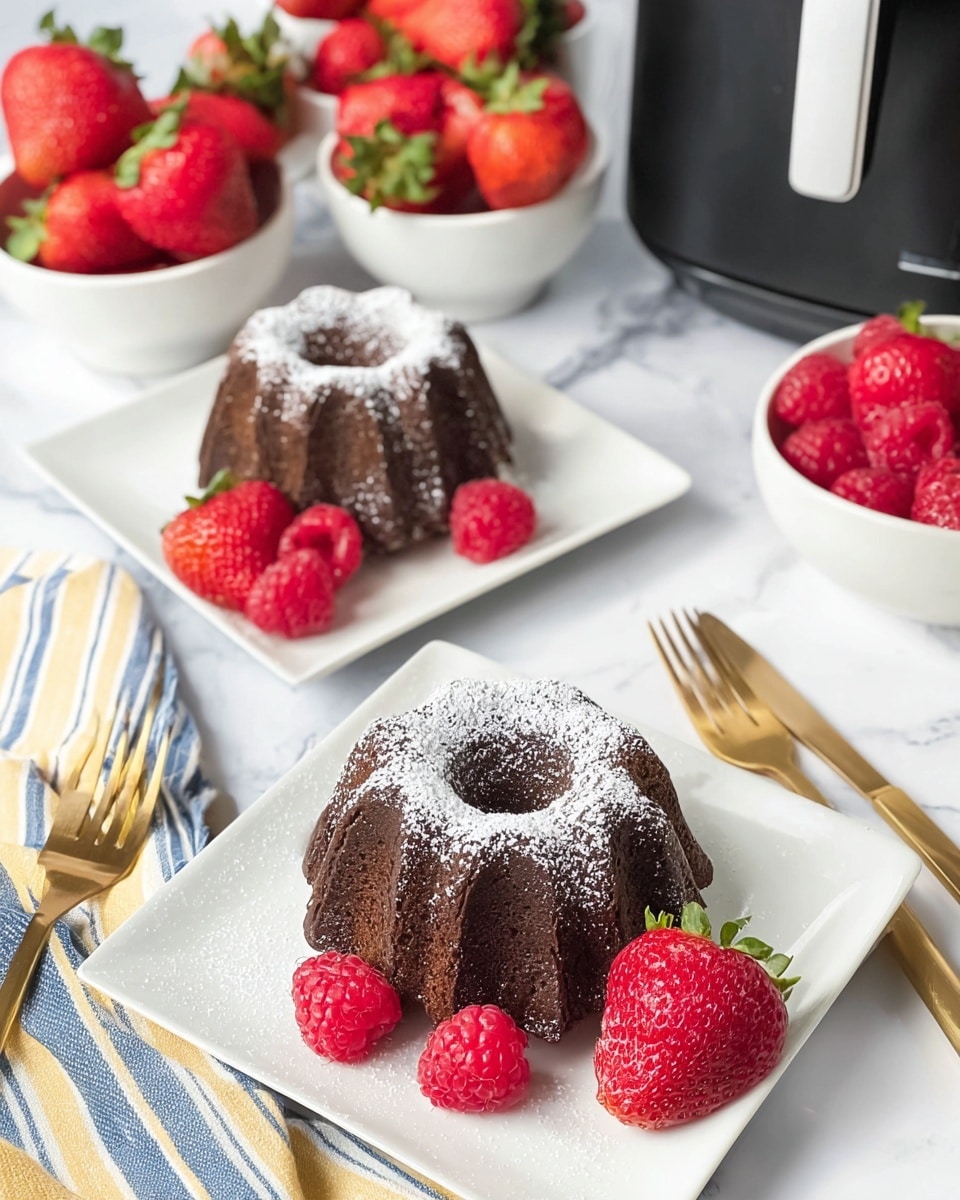 The image shows two small chocolate bundt cakes, each placed on a white square plate, lightly dusted with powdered sugar on top. Around each cake are fresh red raspberries and strawberries, adding vibrant color contrast. There are gold forks placed on the side of the plates. In the background, there are white bowls filled with strawberries and raspberries on a white marbled surface. A black air fryer is partially visible on the right side. A cloth with blue and yellow stripes is placed near the bottom left corner. Photo taken with an iphone --ar 4:5 --v 7