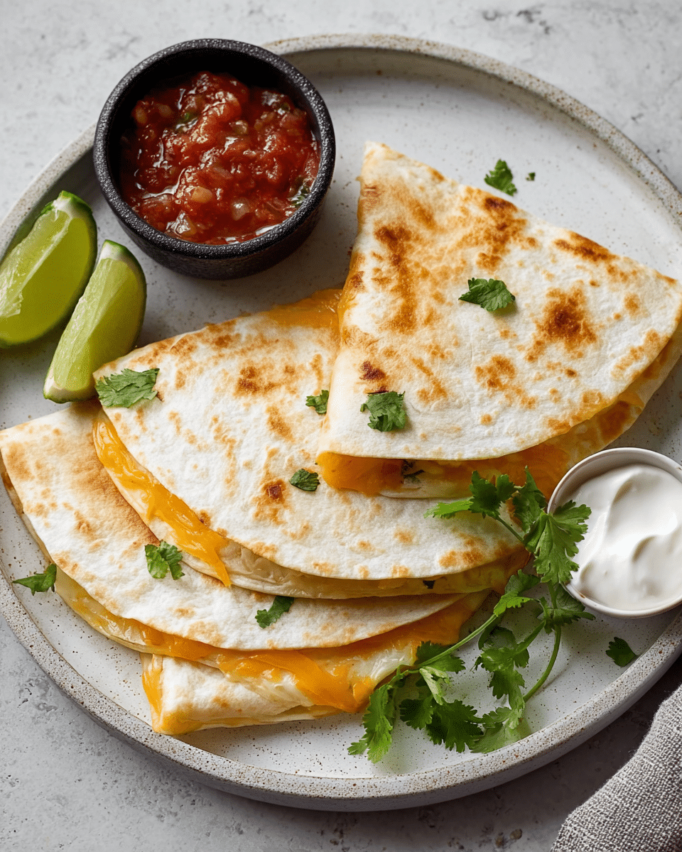 Four folded white tortillas form a layered stack on a round white plate with subtle texture. Each tortilla reveals bright, melted orange cheese peeking out at the edges. Fresh green cilantro leaves are scattered on the plate around the tortillas, adding a fresh touch. To the side of the stack, there is a small black bowl filled with chunky red salsa and a white bowl with sour cream, along with a slice of green lime resting beside them. The plate sits on a white marbled textured surface. photo taken with an iphone --ar 4:5 --v 7