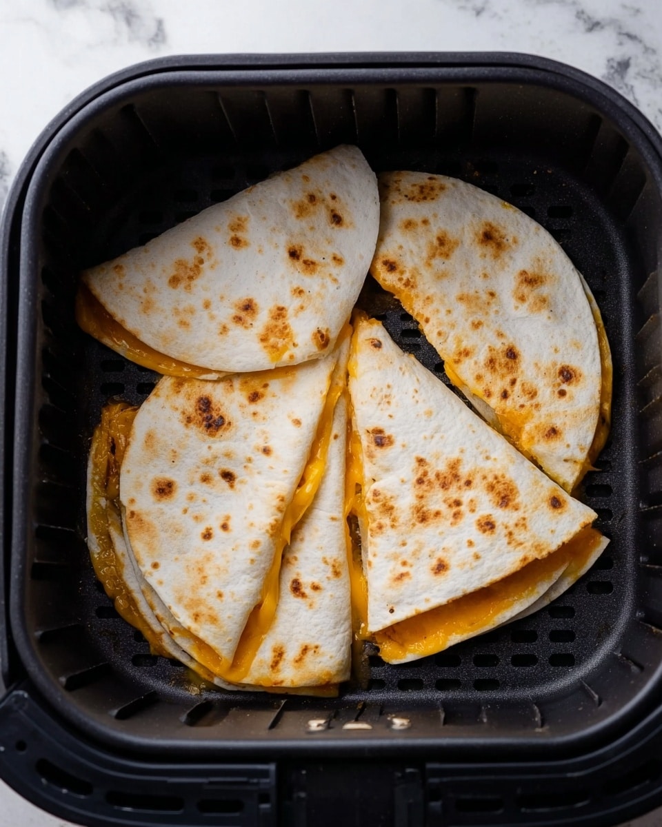 Four folded quesadilla pieces are placed inside a black air fryer basket. Each quesadilla is made of a lightly toasted white tortilla with scattered brown spots, folded in half to reveal a gooey, melted bright orange cheese layer that is slightly oozing out along some edges. The tortillas have a soft, slightly crisp texture with some areas showing brief browning. The black air fryer basket has small holes and a grid pattern, contrasting with the warm colors of the quesadillas. The background around the air fryer is a white marbled texture. Photo taken with an iphone --ar 4:5 --v 7