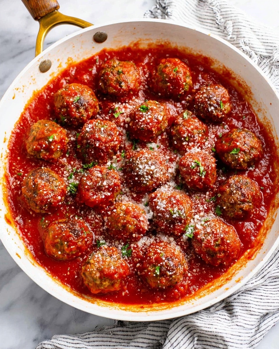 A white pan filled with many round meatballs covered fully in bright red tomato sauce, some meatballs showing brown and green specks under the sauce, sprinkled lightly with white grated cheese on top. The meatballs are close together, sitting in a pool of thick tomato sauce with smooth texture and visible bits of herbs. The white pan has a gold handle and rests on a white marbled surface with a striped cloth towel nearby. Photo taken with an iphone --ar 4:5 --v 7