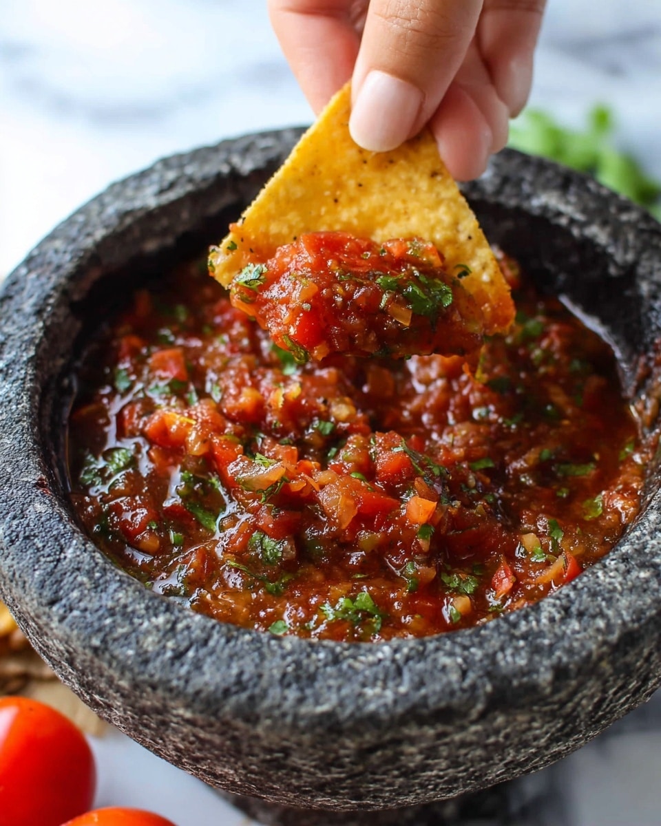 A close-up of a bowl filled with thick red salsa that has a chunky texture and a mix of small tomato pieces, seeds, and bits of charred vegetables. Bright green chopped cilantro leaves are scattered on top, adding a fresh color contrast. The salsa sits in a rough black stone bowl with a textured rim, and the background is a white marbled surface. photo taken with an iphone --ar 4:5 --v 7