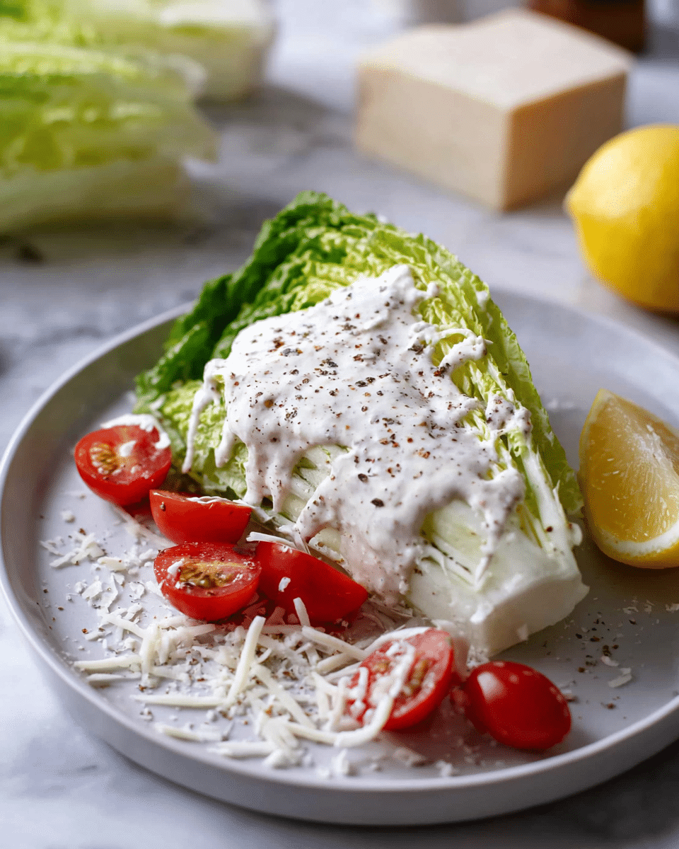 A plate with one wedge of fresh green lettuce as the base layer, topped thickly with a creamy white sauce that has visible black pepper sprinkled on top. Around the wedge are bright red cherry tomato halves and fine white shreds of cheese scattered on the plate and wedge. To the side of the wedge, there is a yellow lemon wedge. The plate is white and set on a white marbled surface with pale green lettuce and a beige block of cheese blurred in the background. Photo taken with an iphone --ar 4:5 --v 7