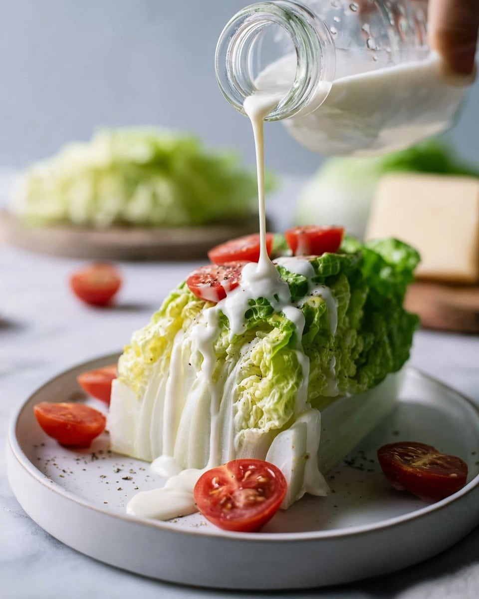 The image shows a wedge of lettuce placed on a white plate, resting on a white marbled surface. The wedge has a base layer of pale green and white stem, topped by fresh, darker green leaves with a crisp texture. Around the wedge, there are halved cherry tomatoes showing their red, juicy interiors with visible seeds. A creamy, white dressing is being poured from a clear glass bottle above, flowing smoothly onto the top and side of the lettuce wedge. In the background, there are more pieces of lettuce and a block of cheese, all softly blurred. Photo taken with an iphone --ar 4:5 --v 7