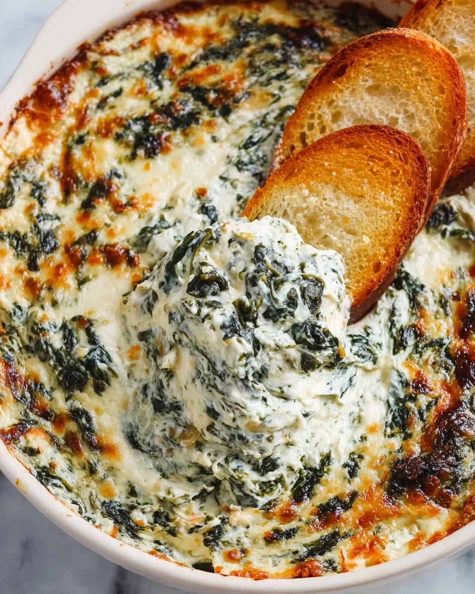 The image shows a close-up of a creamy spinach dip in a white round dish with a slightly browned top layer where the cheese has melted and toasted. The dip has a mixed texture of smooth, creamy white cream cheese and finely chopped cooked spinach, which is dark green and evenly spread throughout. Two toasted lightly golden slices of bread are dipped into the spinach dip, with one slice partially submerged and covered in the creamy mixture. The dish is placed on a white marbled textured surface. photo taken with an iphone --ar 4:5 --v 7