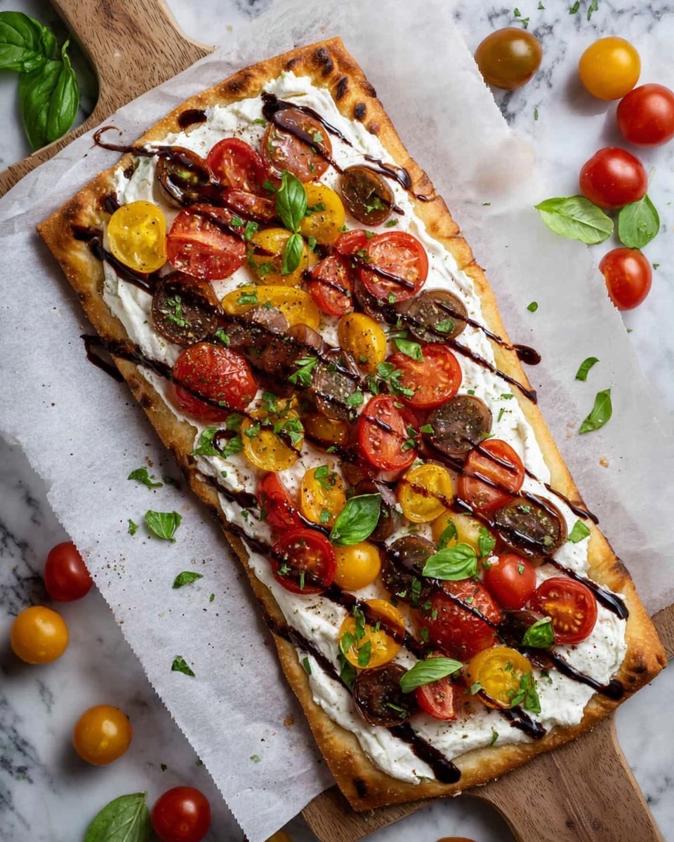 The image shows five slices of flatbread pizza arranged on white parchment paper over a rustic wooden board. Each slice has a thin, slightly charred golden crust base, topped with a smooth white creamy layer of cheese. On top of the cheese, there are evenly spaced slices of red and yellow cherry tomatoes, creating a colorful pattern. Fresh green basil leaves are scattered on each slice, adding a bright contrast. There is a drizzle of dark balsamic glaze across the topping, creating thin, glossy lines. The flatbread slices are surrounded by loose basil leaves and small red cherry tomatoes, all set against a white marbled background. photo taken with an iphone --ar 4:5 --v 7