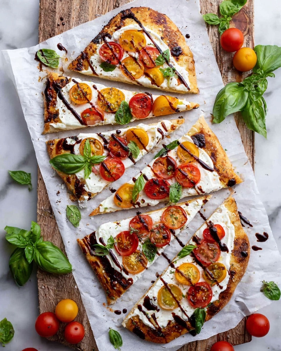 The dish is a rectangular flatbread pizza placed on a piece of white parchment paper over a wooden board. The base is a golden-brown, slightly charred flatbread. The first layer on top is a smooth spread of white creamy cheese. Scattered evenly over this are halved cherry tomatoes in red, yellow, and a few dark brownish hues. Small green basil leaves are placed on top of the tomatoes. Thin, dark brown sauce lines are drizzled across the whole flatbread in a zigzag pattern. The scene is set on a white marbled surface with some whole cherry tomatoes and basil leaves scattered around. Photo taken with an iphone --ar 4:5 --v 7
