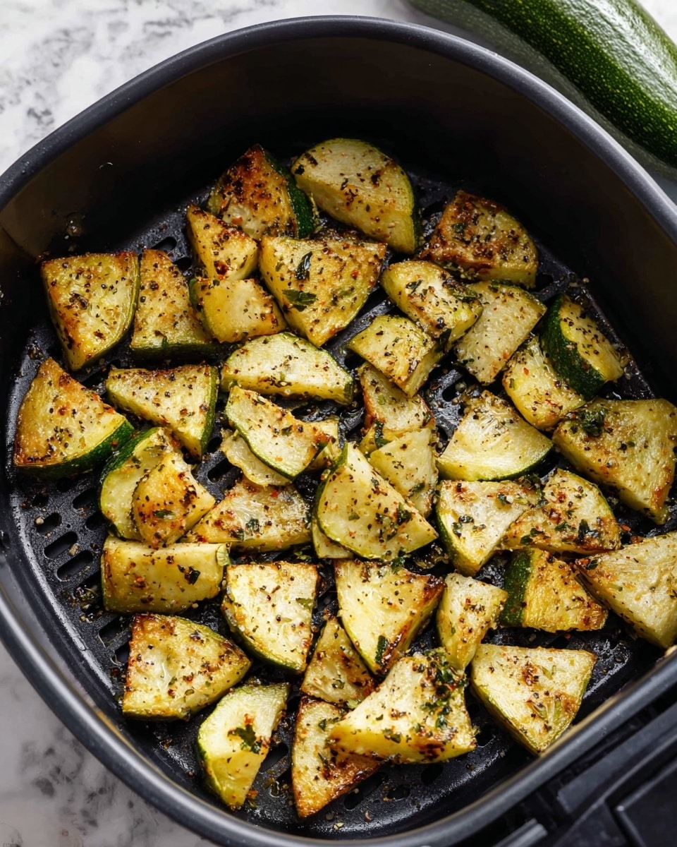 The image shows a black air fryer basket filled with golden-brown roasted zucchini pieces cut into uneven triangle shapes. The zucchini pieces have a slightly crispy texture with visible specks of black pepper and green herbs scattered over them. The edges of some zucchini pieces are browned, showing a nice roast, and the inside of the basket has grill lines that add texture. The basket sits on a white marbled surface with a whole green zucchini peeking from the upper right corner. Photo taken with an iphone --ar 4:5 --v 7