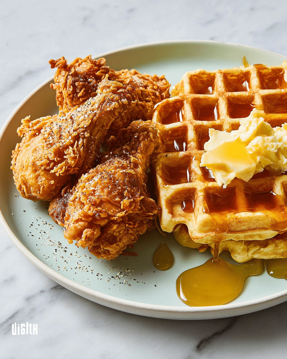 The image shows a white plate with two pieces of golden brown fried chicken with a crispy, textured coating on one side and three thick waffle sections on the other side. The waffles are light golden with square pockets filled with syrup that shines, and one waffle section has a light yellow pat of butter melting on top. The plate is placed on a white marbled surface, and in the background, there is a clear glass mug with dark coffee. photo taken with an iphone --ar 4:5 --v 7