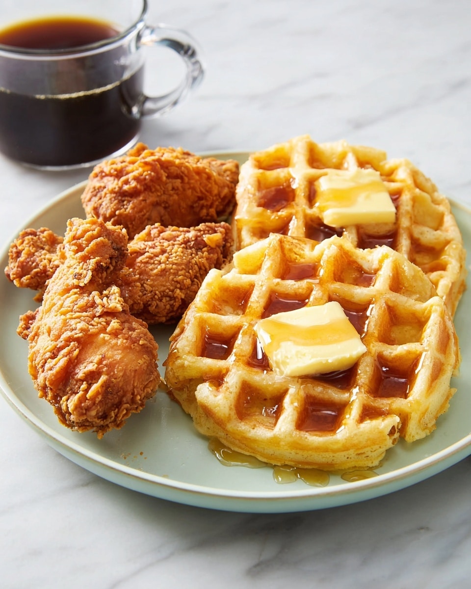 The image shows a white plate holding two pieces of crispy fried chicken with a crunchy golden-brown coating sprinkled with salt and pepper, placed to the left side of the plate. Next to the chicken, on the right side, there are golden-brown waffles with deep grid patterns, drizzled with amber-colored syrup flowing down in thin streams, and a dollop of soft yellow butter melting on top. The plate sits on a white marbled surface, enhancing the warm tones of the food. photo taken with an iphone --ar 4:5 --v 7
