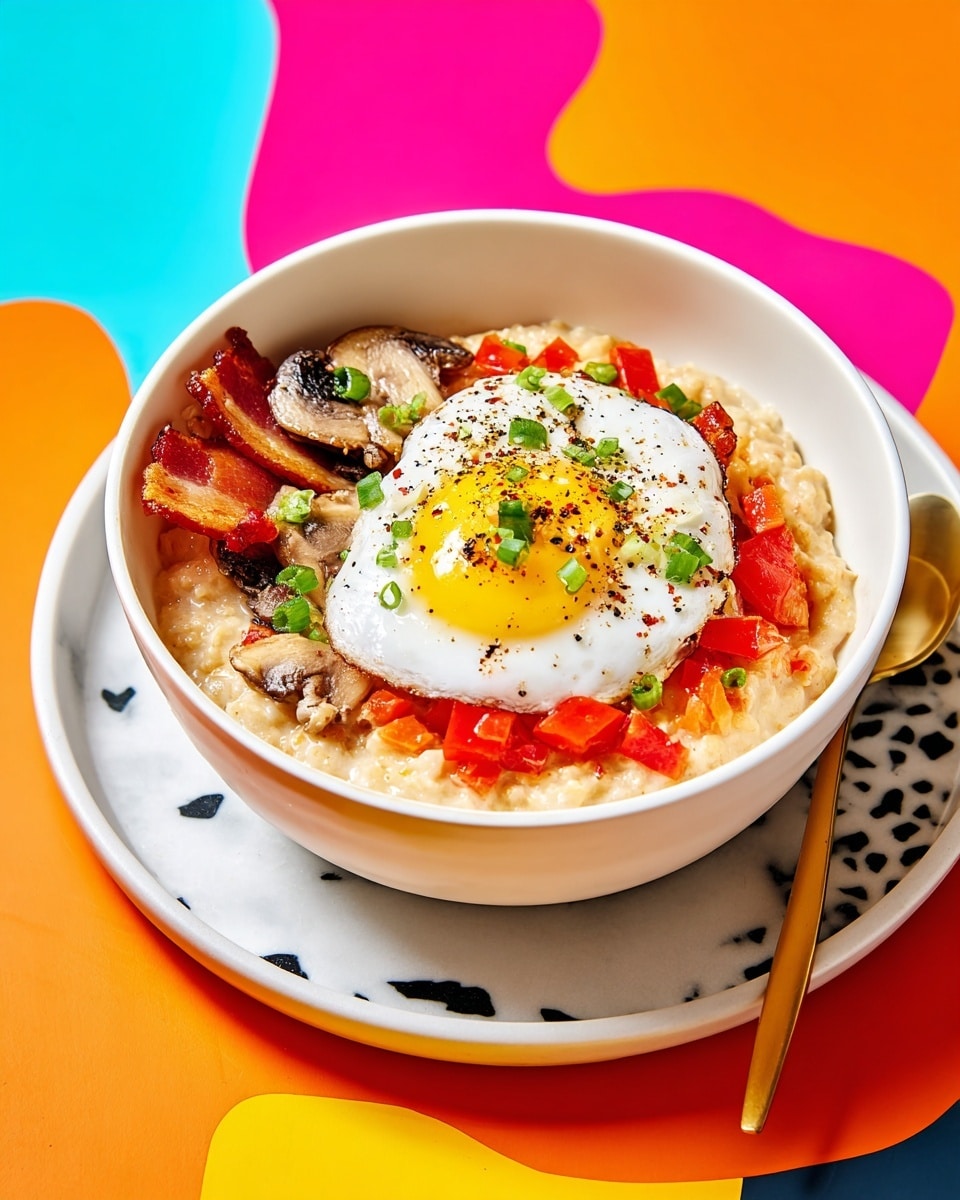 A white bowl filled with creamy oatmeal that has a soft, pale beige color forms the base layer. On top, there is a sunny-side-up egg with a smooth white edge and a bright yellow yolk slightly broken and oozing. Around the egg, there are browned, sautéed mushroom slices with a glossy texture, small red bell pepper pieces adding a bright pop of color, and two crispy strips of bacon with a shiny, golden-brown surface. The dish is finished with thinly sliced green onions scattered around. The bowl sits on a white plate with a colorful geometric pattern featuring pink, orange, blue, and purple shapes, all set on a white marbled table. A golden spoon is placed near the plate. photo taken with an iphone --ar 4:5 --v 7