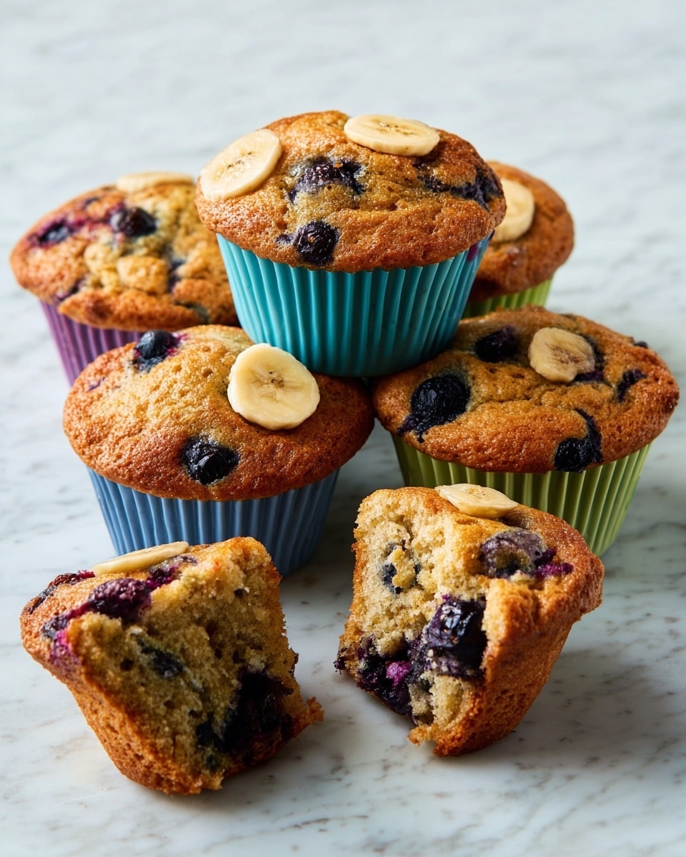 Two golden-brown muffins with a crispy top and a soft crumb sit side by side inside dark blue, fluted silicone molds. The right muffin has dark purple blueberries baked inside, with some berries slightly bursting and oozing purple juice down the sides of the mold. The muffins rest on a white marbled surface, and the background is plain white, making the warm colors of the muffins stand out. photo taken with an iphone --ar 4:5 --v 7