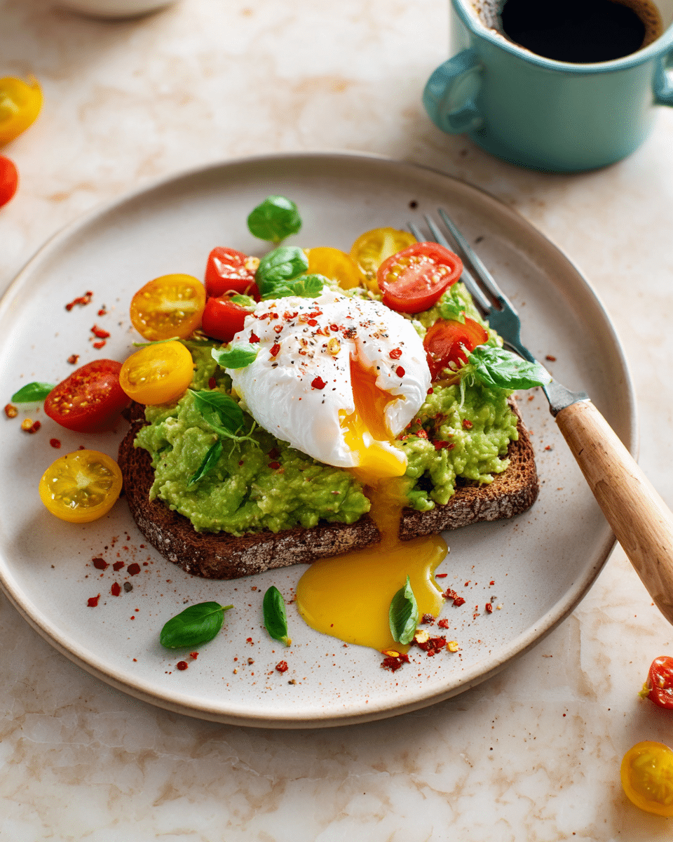 A slice of toasted brown bread sits on a round white plate, topped with a thick, chunky layer of bright green mashed avocado. On top of the avocado is a softly cooked, white poached egg with the yellow yolk oozing out and spreading onto the avocado and plate. Scattered around the toast are halved red and yellow cherry tomatoes and fresh green basil leaves. Red chili flakes are sprinkled over the egg, avocado, and the plate. A silver fork with a wooden handle is on the plate near the egg with some yolk on its prongs. The plate is set on a white marbled surface with a cup of black coffee partially visible to the right. Photo taken with an iphone --ar 4:5 --v 7