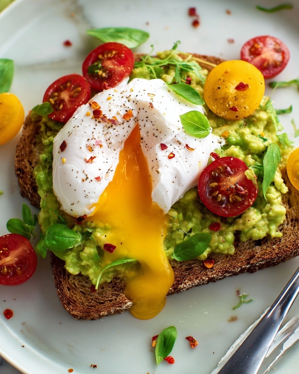 A slice of toasted brown bread forms the base, topped with a thick layer of chunky green avocado spread mixed with small bits of herbs. On top sits a poached egg with a smooth white surface, cut open in the center to reveal thick golden yolk flowing down over the avocado. Around the egg are small halves of red and yellow cherry tomatoes, scattered fresh green basil leaves, and tiny red chili flakes sprinkled over the egg and avocado. The dish is placed on a white plate over a white marbled surface, with a silver fork visible at the bottom right edge. Photo taken with an iphone --ar 4:5 --v 7