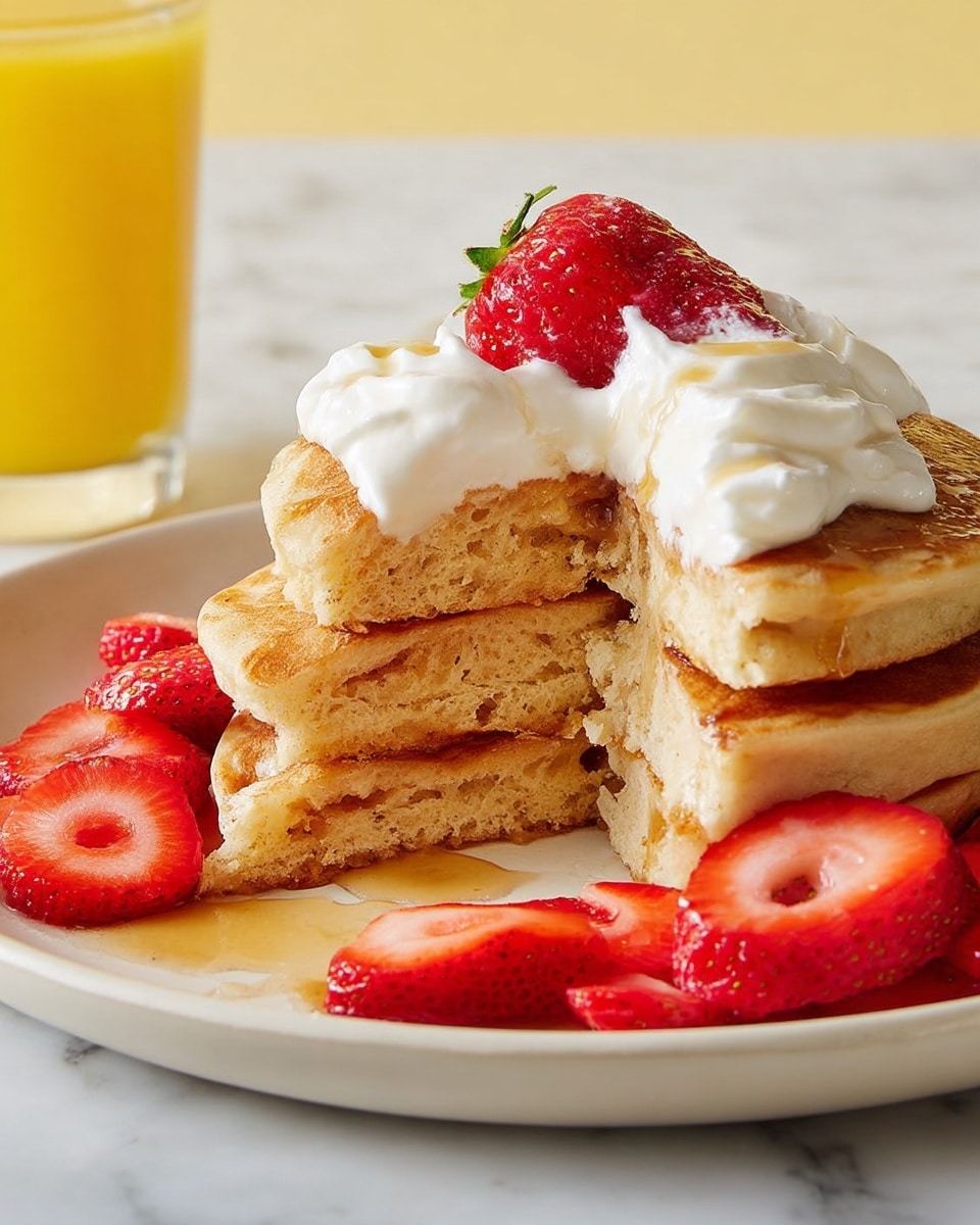 A stack of four thick, golden-brown pancakes sits on a white plate, with a small section cut out to show the soft, fluffy inside texture. On top of the stack is a dollop of smooth, white whipped cream and a whole red strawberry partially embedded in the cream. Around the pancakes on the plate are several thin slices of bright red strawberries. A slight drizzle of syrup glistens on the top pancakes. In the background, there is a glass of yellow-orange juice on a white marbled texture surface. photo taken with an iphone --ar 4:5 --v 7