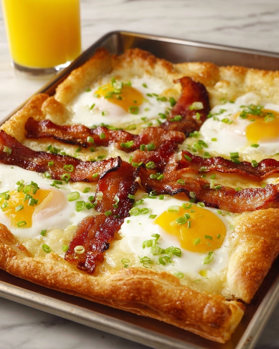 A square breakfast dish with a golden-brown puff pastry base that is thick and crispy around the edges. On top, there are six cooked eggs with bright yellow yolks and whites that look soft but set. Five strips of crispy brown bacon cross over the eggs in a grid pattern, dividing them into sections. Small green pieces of chopped chives are sprinkled evenly over the eggs and bacon adding a fresh pop of color. The dish is on a metal baking tray, and in the blurred background, there is a glass of orange juice. The setting is on a white marbled surface. photo taken with an iphone --ar 4:5 --v 7