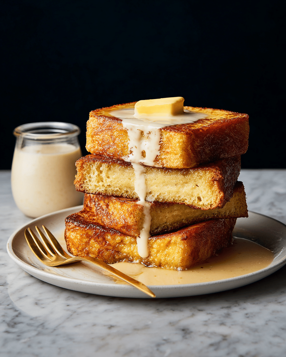 A stack of three thick golden-brown fried bread slices sits on a white plate with a smooth white marbled surface underneath. The top slice is cut in half and slightly angled on the second slice to show a creamy light brown spread inside the middle, with a square of melting butter on top. Rich white sauce drips slowly down from the butter over the edges of the bread stack onto the plate. A gold fork rests beside the bread on the plate. Next to the plate is a small glass jar filled with more of the white creamy sauce. The background is dark, making the warm colors of the bread and sauce stand out clearly. Photo taken with an iphone --ar 4:5 --v 7