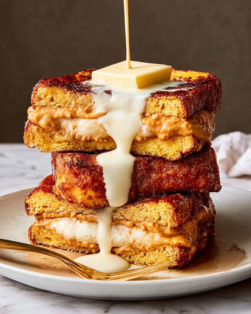 A stack of three thick, golden-brown French toast slices sits on a white plate with a white marbled texture in the background. The top slice is cut in half and layered with a smooth, light brown peanut butter filling in the middle. On top of the cut top slice is a square piece of melting butter, and rich, creamy white sauce is pouring down from the top, dripping over the toast edges and onto the plate. There is a gold fork resting on the plate near the stack. Photo taken with an iphone --ar 4:5 --v 7