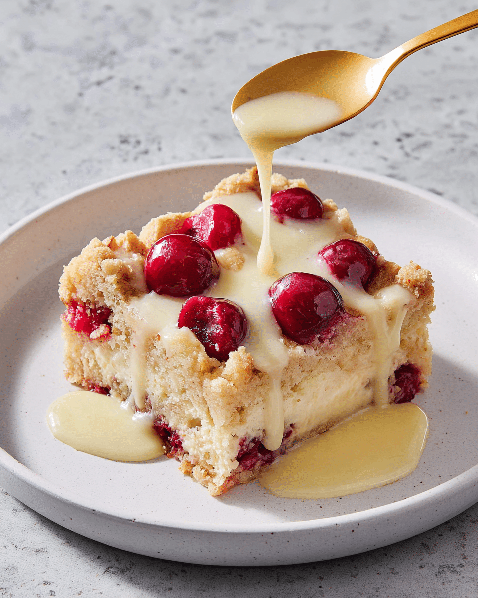 The image shows a close-up top view of a dish made of multiple layers of golden-brown bread cubes mixed with bright red cranberries scattered throughout. The bread cubes have a slightly crispy texture, with some pieces showing softer, more porous centers. Drizzled generously over the bread and cranberries is a glossy, pale cream-colored glaze, adding a shiny, smooth layer on top. The whole dish looks moist and slightly sticky, with vibrant contrast between the warm bread tones and the juicy, shiny cranberries. Photo taken with an iphone --ar 4:5 --v 7
