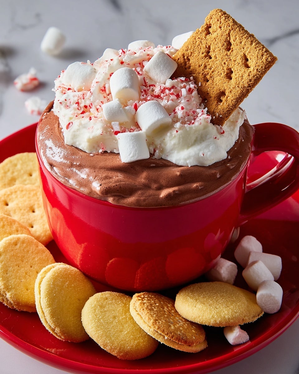 A red cup filled with thick, smooth chocolate mousse forms the bottom layer, topped with a thick, fluffy layer of white whipped cream sprinkled with small white marshmallows and crushed red and white peppermint bits. A large graham cracker is dipped into the mousse on the right side of the cup. The cup sits on a red plate, surrounded by a ring of round, sugar-coated yellow cookies and broken pieces of rectangular graham crackers scattered behind the cup. The background is a white marbled texture. Photo taken with an iphone --ar 4:5 --v 7